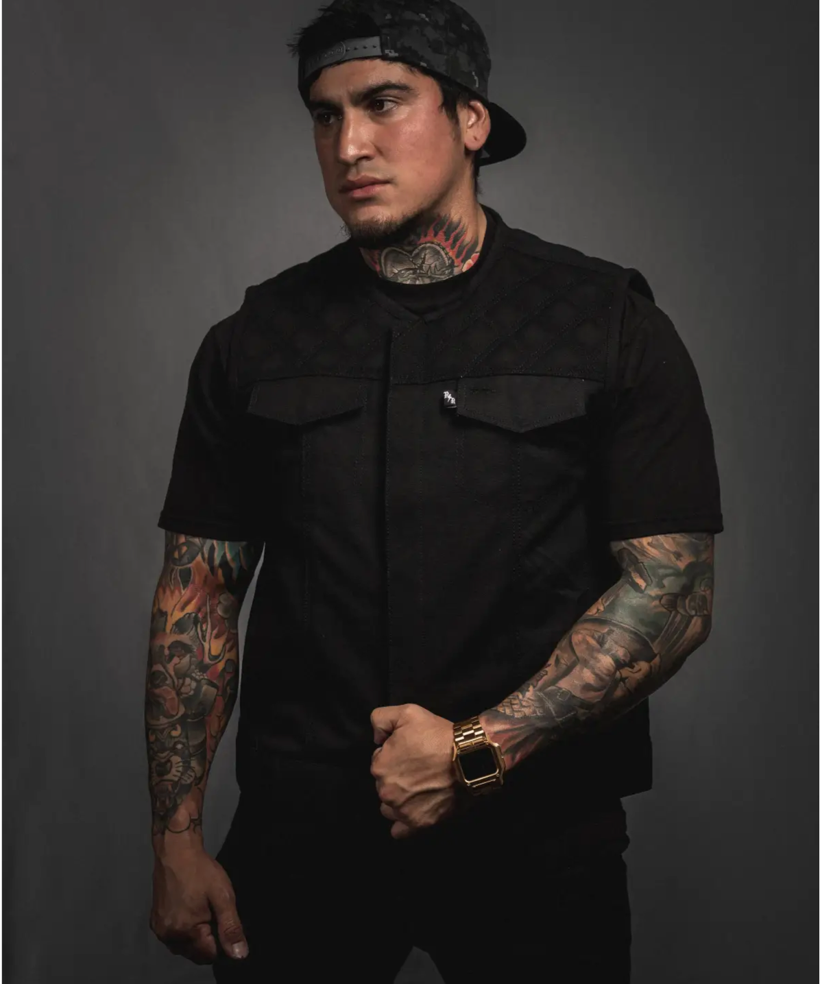 The Menace Black Canvas Vest | Collarless | Standard Length