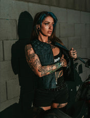 NEED PHOTOS TAKEN..    Deaths Clutch Womens Black Denim Vest