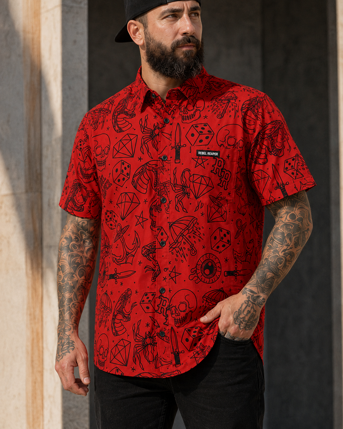 Lucky Ink Tattoo Flash Short Sleeve Shirt - Red