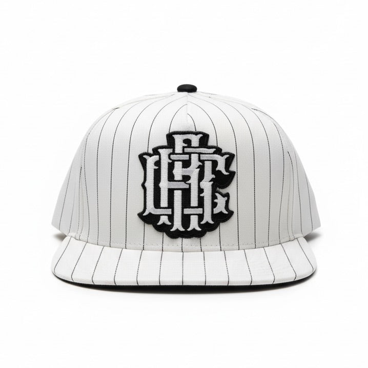 Pinstripe Monogram - White / Black Stripes Snapback Hat